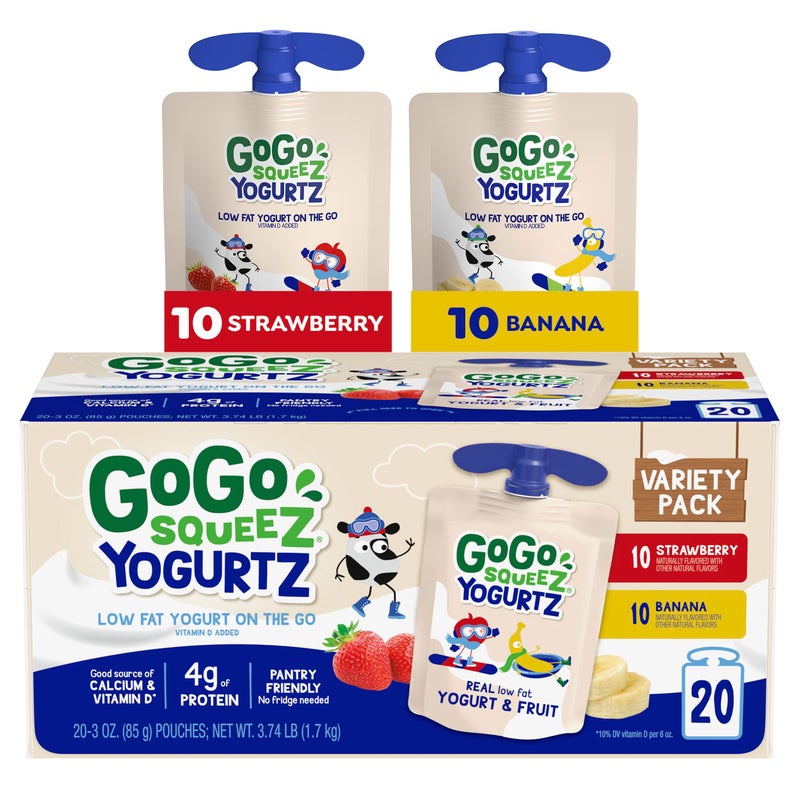 GoGo squeeZ yogurtZ Variety Pack, Strawberry & Banana, 3 oz (Pack of 20), Kids Snacks Made from Real Yogurt and Fruit, No Fridge Needed, Gluten Free, Nut Free, Recloseable Cap, BPA Free Pouches - Image 1